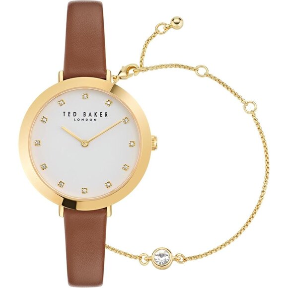 Ted Baker Ladies Tan Leather Strap Watch & Pearl Bracelet Box Set New